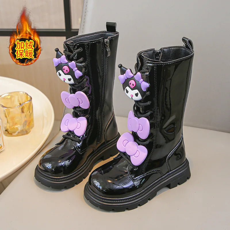 Kids'Casual Shoes Long Boots PU Leather Cartoon Kuromi Winter Shoes For Girls Anti-slip Warm Black Beige Shoes Size 26-37