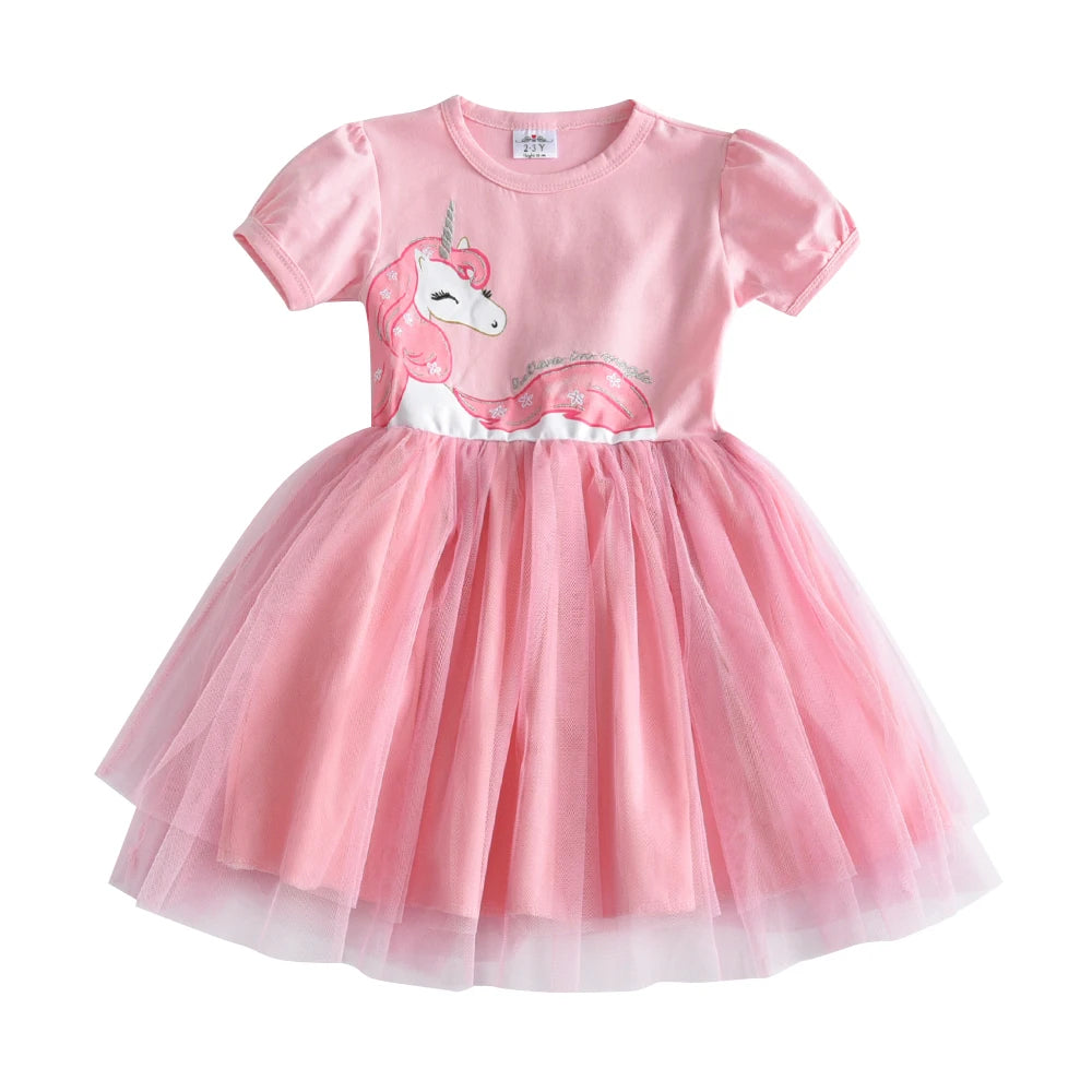 VIKITA Toddlers Pink Unicorn Appliqued Short Sleeve Summer Dress Kids Tulle Mesh Birthday Party Sweet Cute Elegant Prom Gown