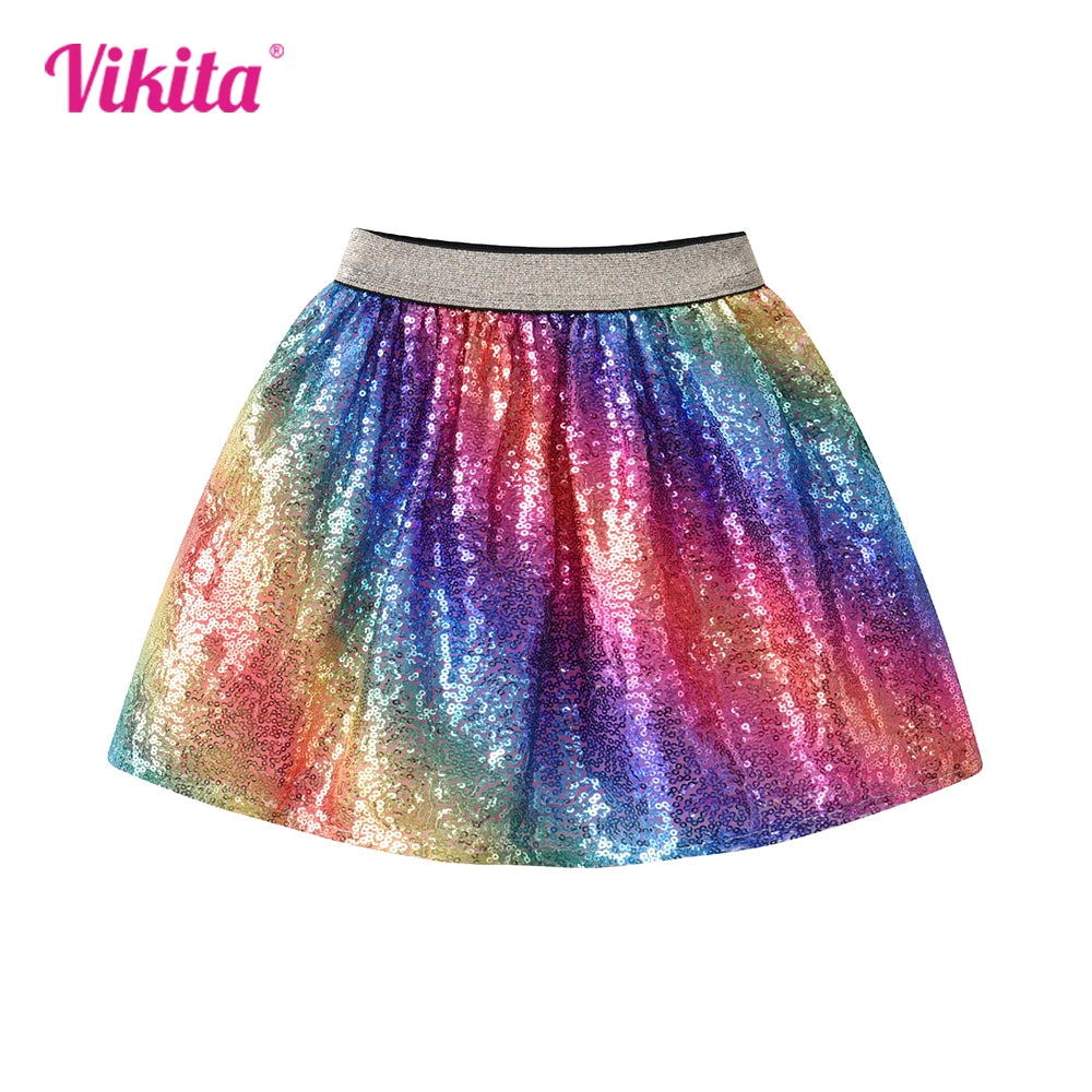 VIKITA Girls Rainbow Sequined Appliqued Skirt Kids Stage Performance Birthday Party Prom Gown Princess Skirts Children Clothing