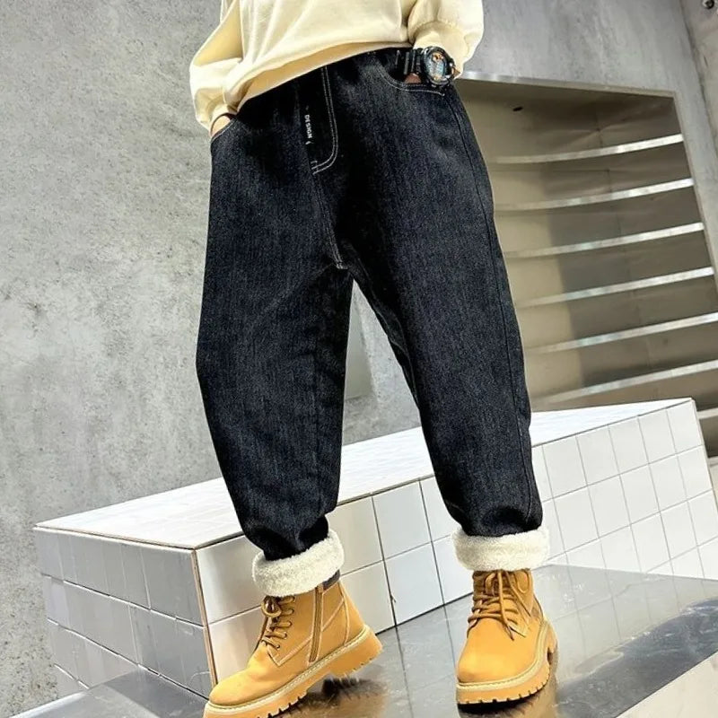 Boys Fleece-Lined Jeans Thermal Winter Pants Thickened Full-Body Cashmere Long Pants for Toddler Boys Outdoor Winter Clothing