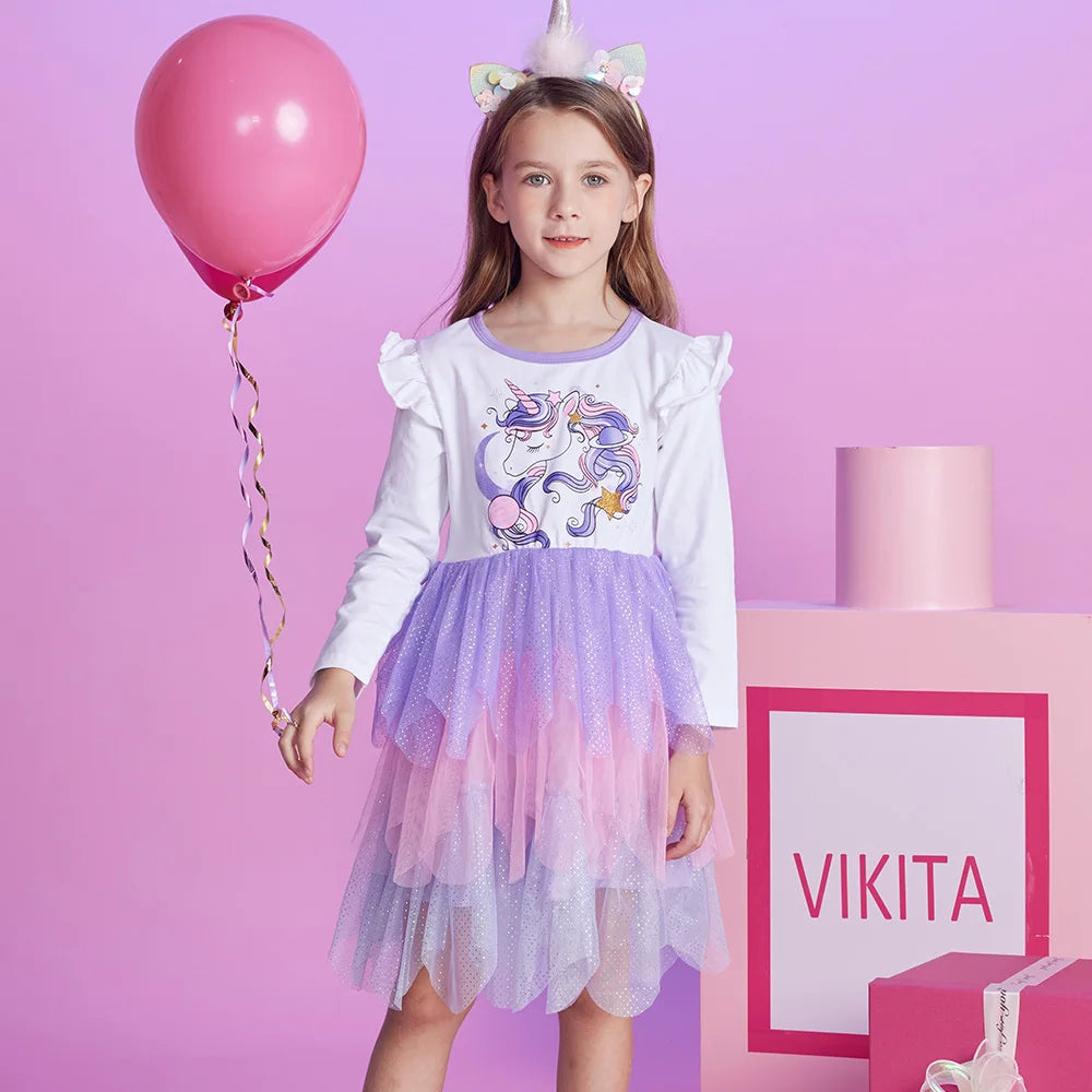 VIKITA Winter Children Dresses Unicorn Kids Princess Tutu Dress Irregular Prom Costume Long Sleeve Birthday Party Girls Clothes