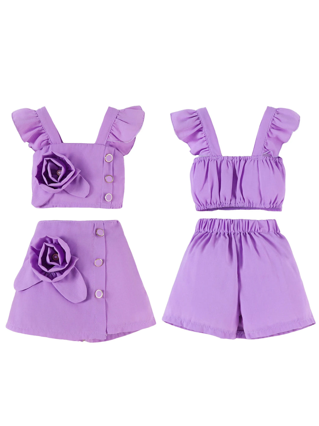 Adorable Baby Girl Summer Ensemble Flutter Sleeve Square Neck Top with 3D Floral Detailing and Matching A-Line Skirt - 2 Piece