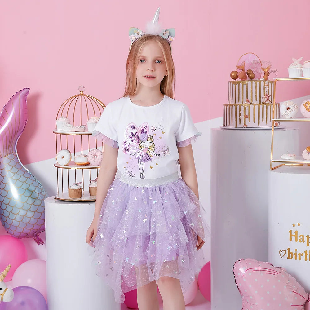 VIKITA Girls Butterfly Sequins Appliqued Skirts Kids Purple Irregular Performance Prom Gown Party Princess Cute Cake Mini Skirts