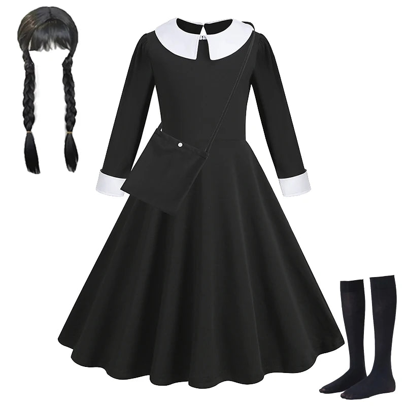 Girls Wednesday Black Gown Vestidos Halloween Addams Cosplay Toddler Youth Gothic Party Dress Kids Carnival Party Kid Vestidos