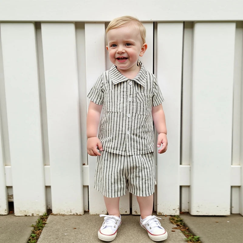 Infant Boy s 2-Piece Outfit Set with Striped Collared Shirt and Elastic Waist Shorts for Summer Wear Toddler Baby Boy Clothes
