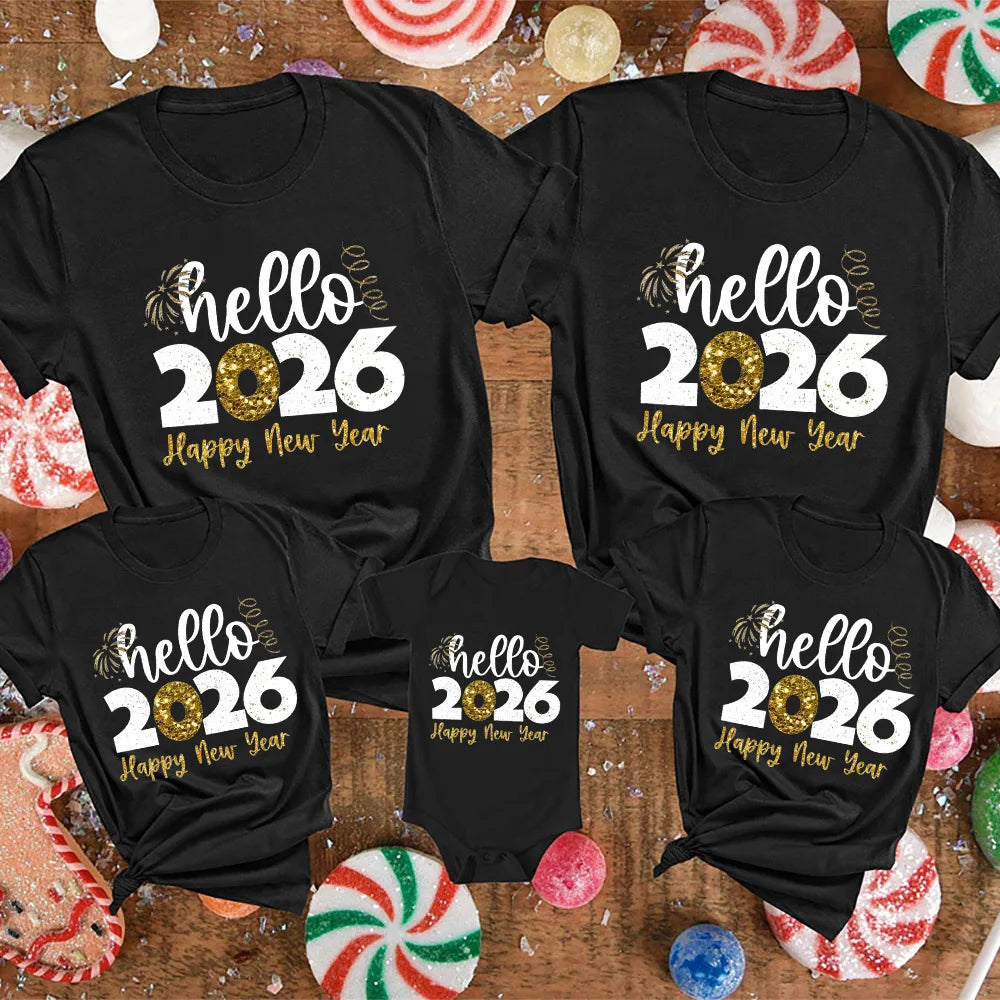 Hello 2026 Family Matching Outfits Happy New Year Dad Mom and Daughter Son Tshirt Baby Romper Family Look New Year's Clothes