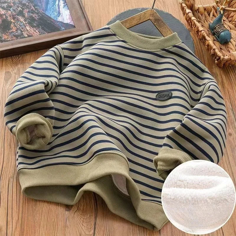 Boys' Striped Fleece-Lined Thickened Long Sleeve Sweatshirt 2025 Winter New Arrival Warm Base Layer Mid-Big Size Top