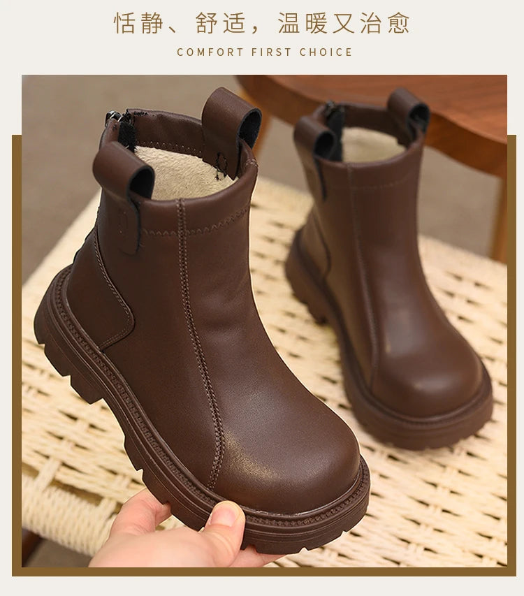 Girls' short boots, genuine leather, children's cotton boots, soft soled leather boots, children's shoes, 2025 autumn and winter
