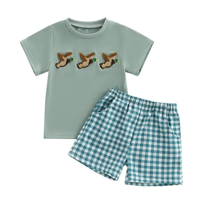 Infant Boy Outfit Set with Cute Animal Embroidery Short Sleeve Tee and Stylish Plaid Shorts for Summer 2 Piece Set