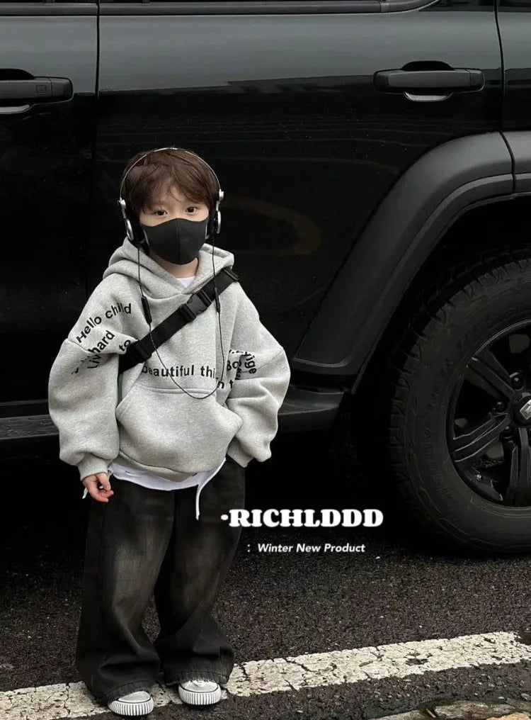 Autumn Winter Kids' Mid-Small Edgy Fleece-Lined Letter Print Hooded Hoodie - Warm Korean-Style Baby To Big Kids Top