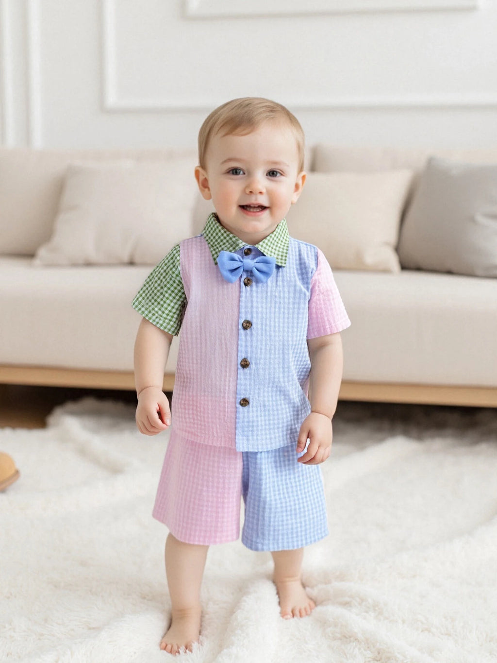 Toddler Boys Summer Outfit Striped Short Sleeve Shirt with Drawstring Waist Shorts Set Kids Casual Plaid Clothing