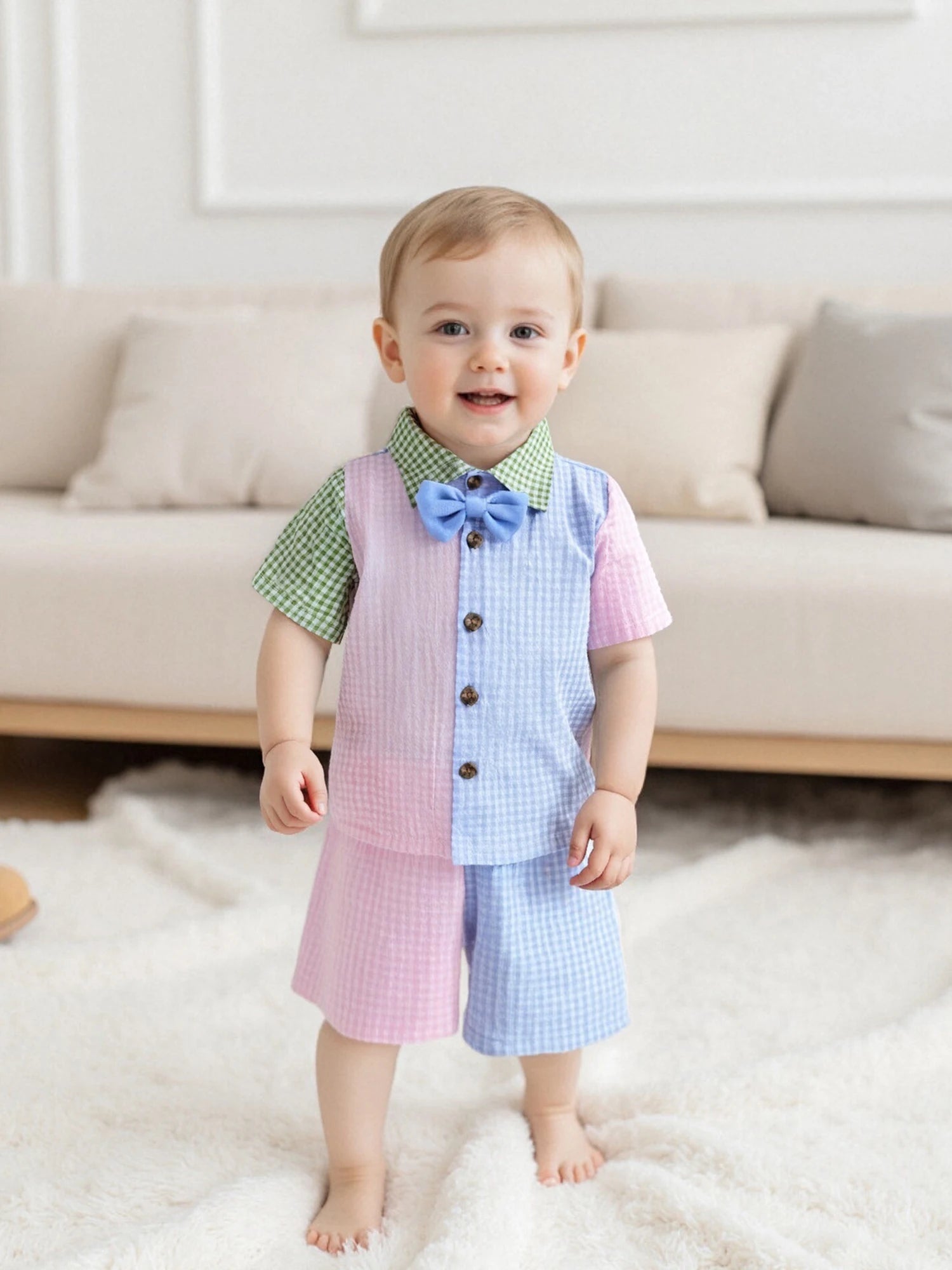 Toddler Boys Summer Outfit Striped Short Sleeve Shirt with Drawstring Waist Shorts Set Kids Casual Plaid Clothing