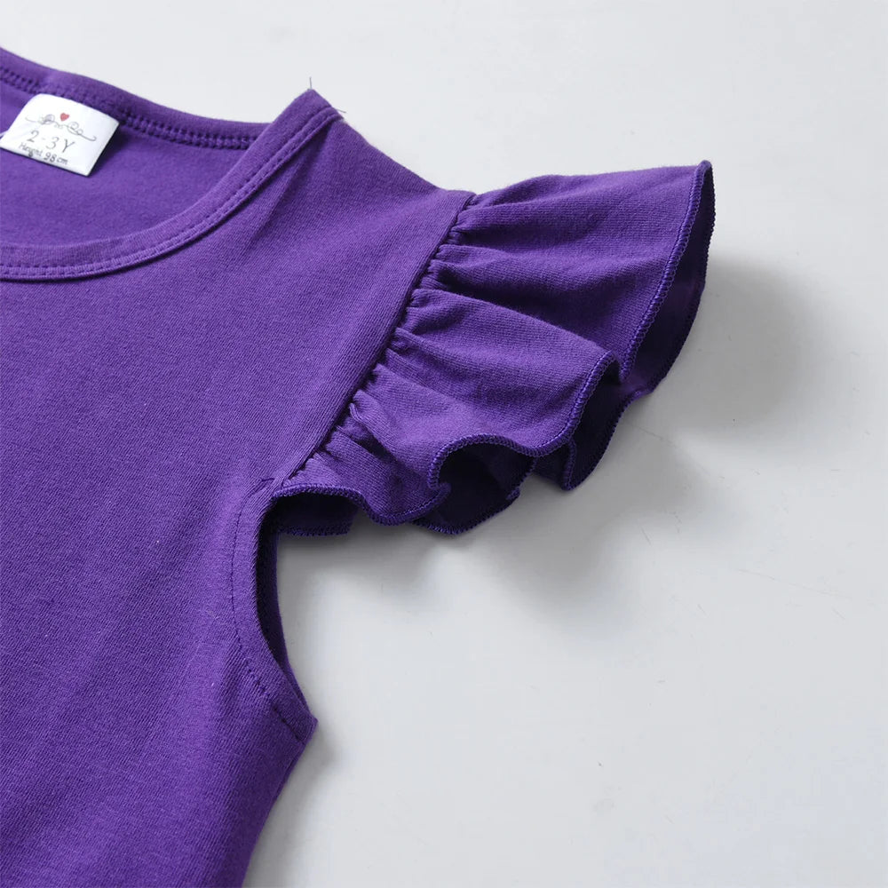 VIKITA Girls Flare Sleeve Summer Dress Kids Cotton Casual Licorne Flower Print Purple Princess Straight Dress Children Clothing