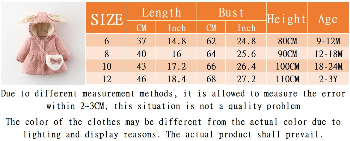 Girl's New Winter Thickened Cotton Coat Hooded Long Ears Warm Windproof Cotton Coat Jacket 9 Months-3 Year Old Cartoon Clothing