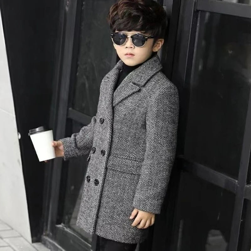 Boys Autumn Winter Quilted Thickened Wool Coat Korean Style New Big Kids Mid Length Stylish Coat