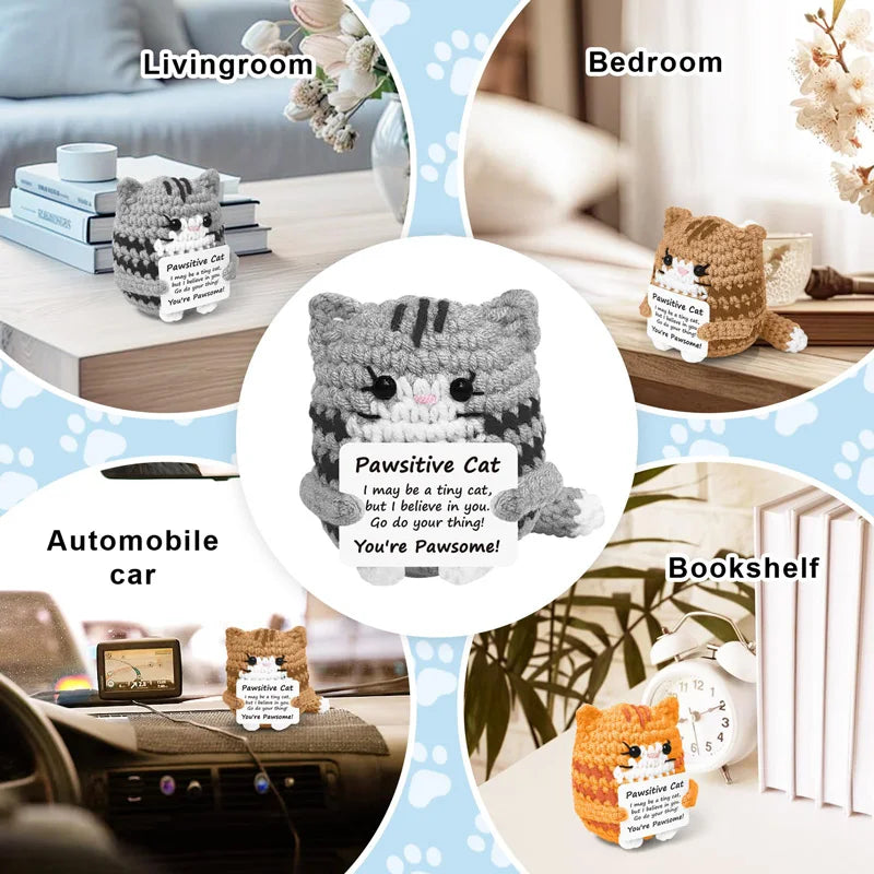 Handicrafts Positive Crochet Cat Mini Animal Emotional Cheer Up Support Gift,Funny Crochet Mini Handmade Cat Teen Festival Gift