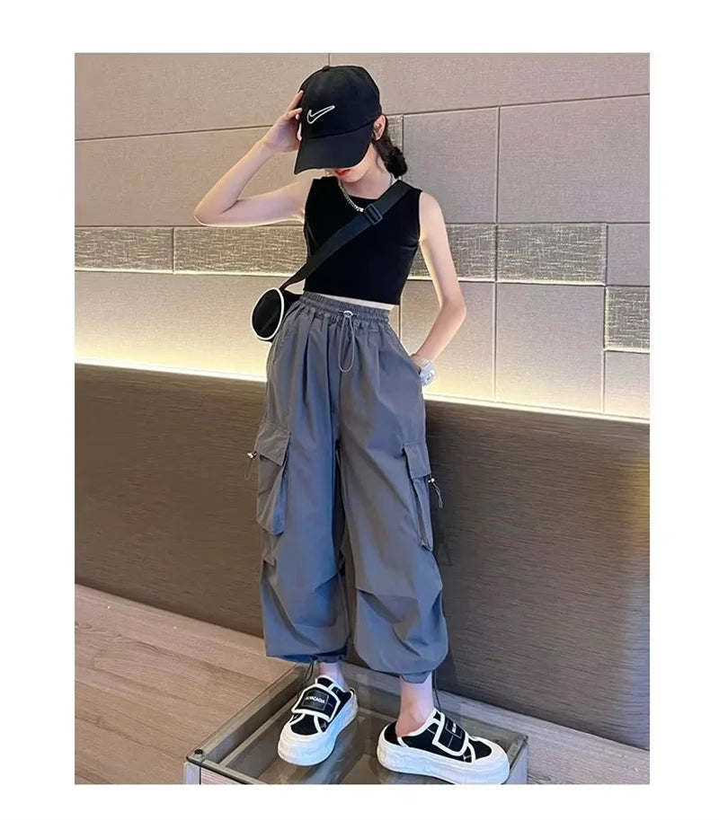Girls' High Waist Straight Trousers Kids Fashion Hip Hop Joggers Cargo Pants Children Cool Spring Autumn Drawstring Sweatpants