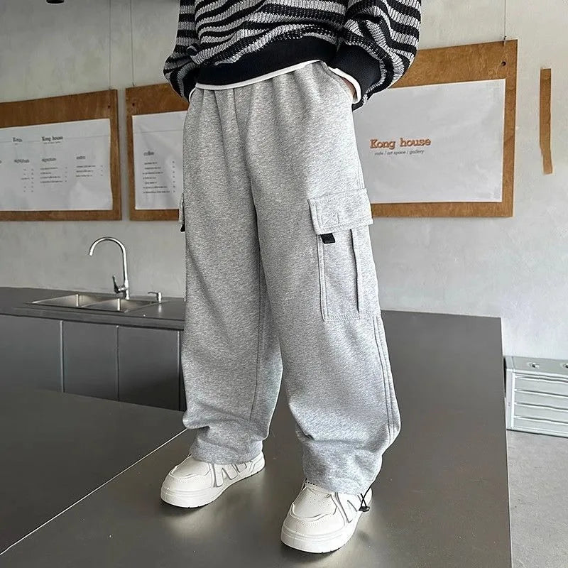 2025 New Boys Autumn Winter Fleece-Lined Sports Cargo Pants, Big Boy Streetwear Trends, Warmth & Comfort