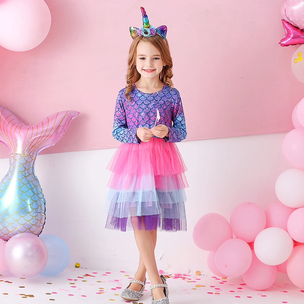 VIKITA Kids Long Sleeve Dress Girls Mermaid Print Dresses Kids Gradient Colorful Dress Girl Princess Layered Tulle Tutu Dresses