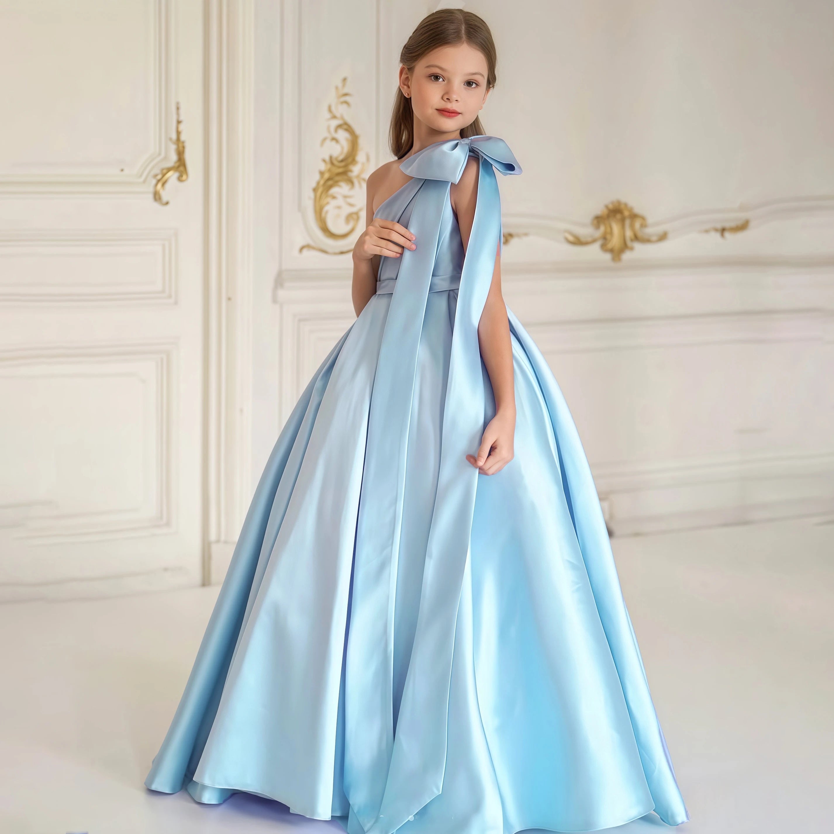 Fashion Bow Bridesmaids Party Girls Dress Elegant Wedding Birthday Princess Prom Dresses for Girl Gala First Communion Costumes
