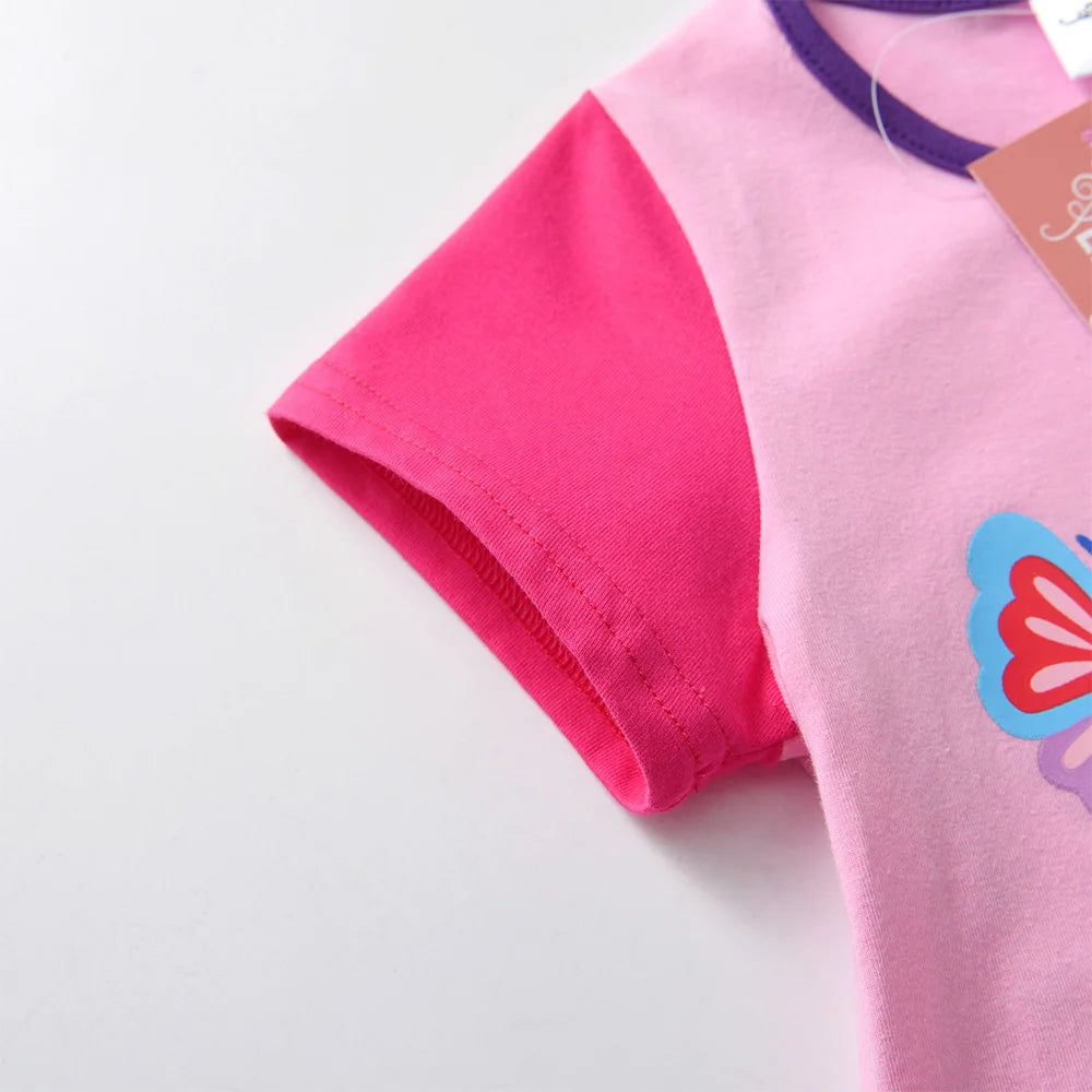 VIKITA Girls Tops and Tees for Summer Kids Butterfly Print Cartoon T Shirts Girls O Neck Short Sleeve Cotton Casual Daily Tees