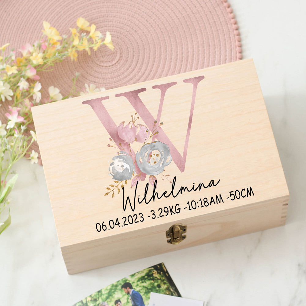 Personalised Baby Gift Keepsake Box Custom Memory Box Flower Letter Print Wooden Box Newborn Shower Gift Baby Birth Stats Box