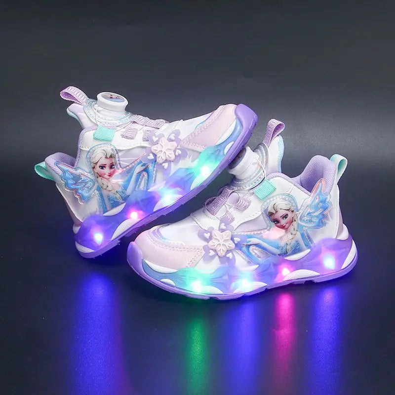 Disney LED Casual Sneakers Spring Girls Frozen Elsa Princess PU Leather Shoes Children Lighted Non-slip Pink Size 23-35