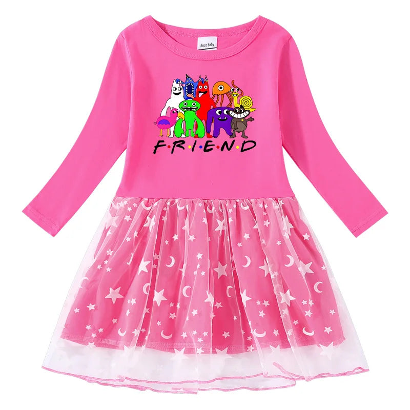 Kid Autumn Girl Long Sleeve Dress Cartoon Garden of Ban ban Gauze Fashion Children 2-7Year Girl Dress