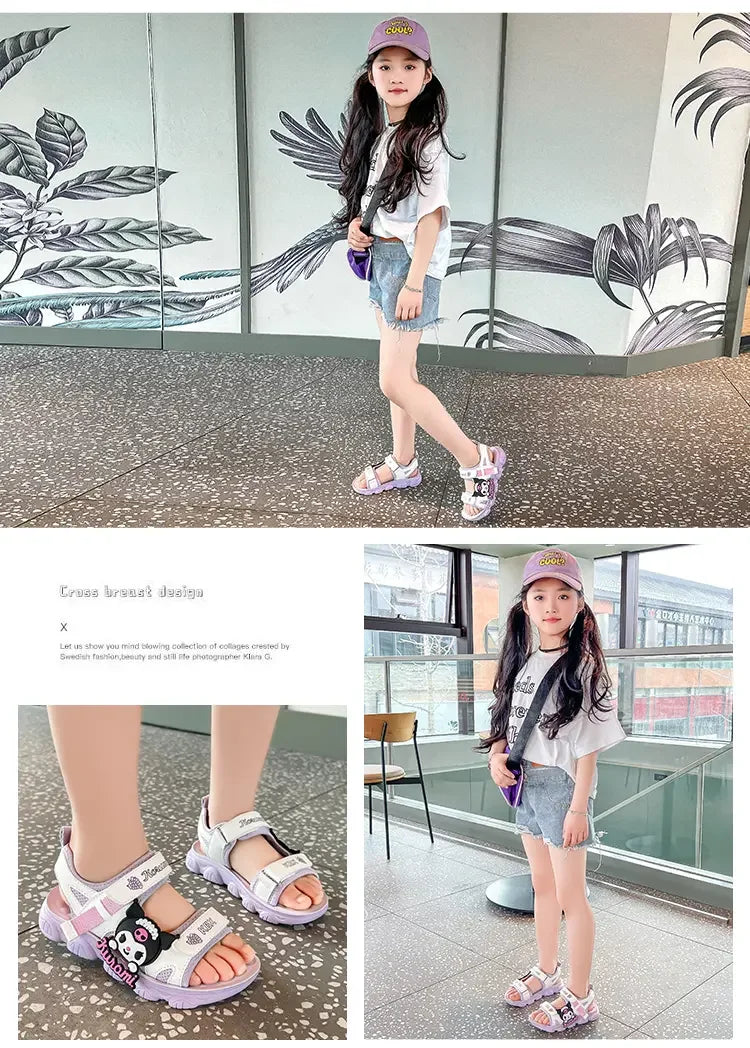 Summer Bestsellers Sanrio Kuromi's New Cute Color-blocked Flat Mesh Breathable and Anti-slip Cartoon Flip-flops for Girls