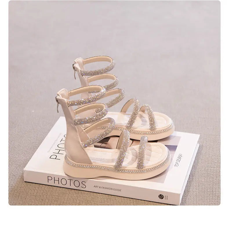 Kids'Sandals PU Leather Summer Beach Shoes For Girls Crystal Peep Toe Breathable Soft Bottom White Black Shoes Size 26-36