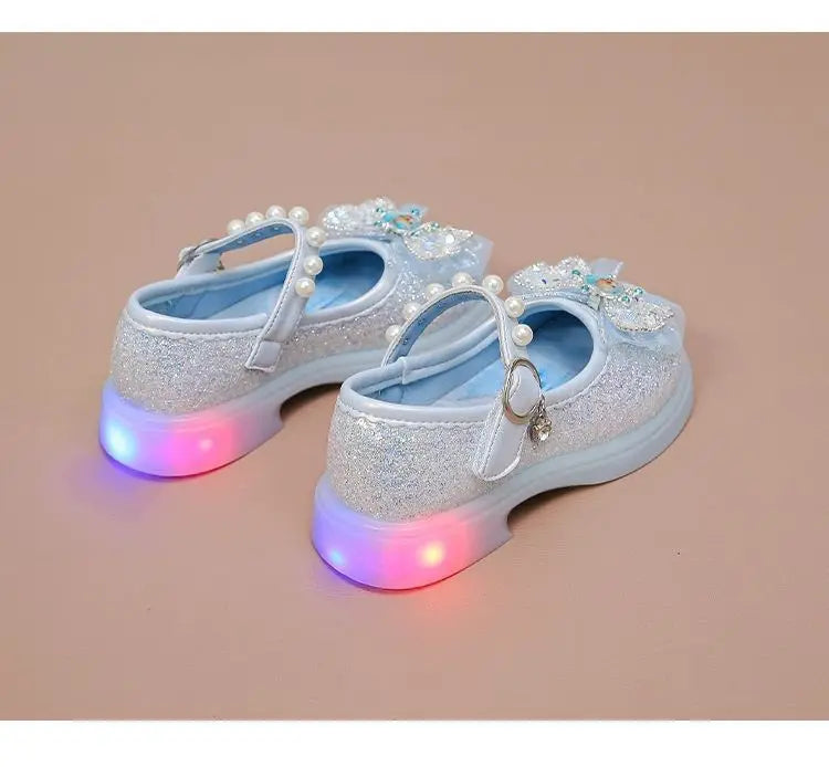 Disney Children's High Heel Princess Elsa Party LED Light Shoes Summer Girls Sandals Baby Girls' Crystal Blue Pink Shoes 23-34