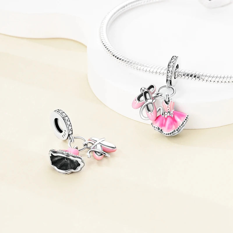 925 Sterling Silver Original Pink Ballet Shoes Charms Ballet Dancer Pendants For Women DIY Bead Fit Original Bracelet Necklace