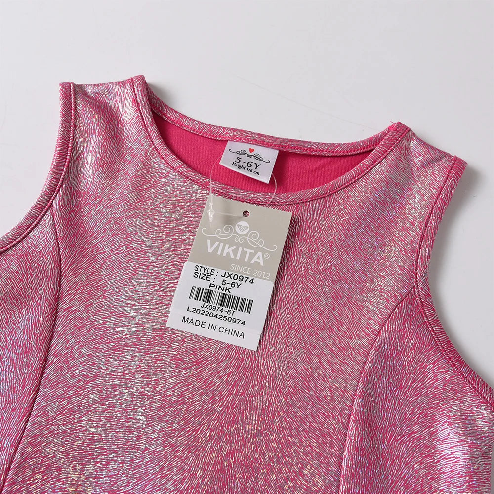 VIKITA Girls Polyester Summer Sleeveless Dress Kids Shiny Stage Performance Party Princess Casual Dresses Children Clothing