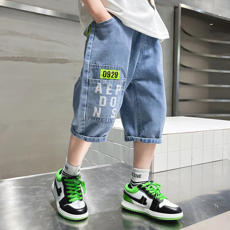 2024 New Teenage Boys Denim Shorts 4-10 Years Summer Fashion Letter Printed Soft Trousers For Kids Children Casual Pants