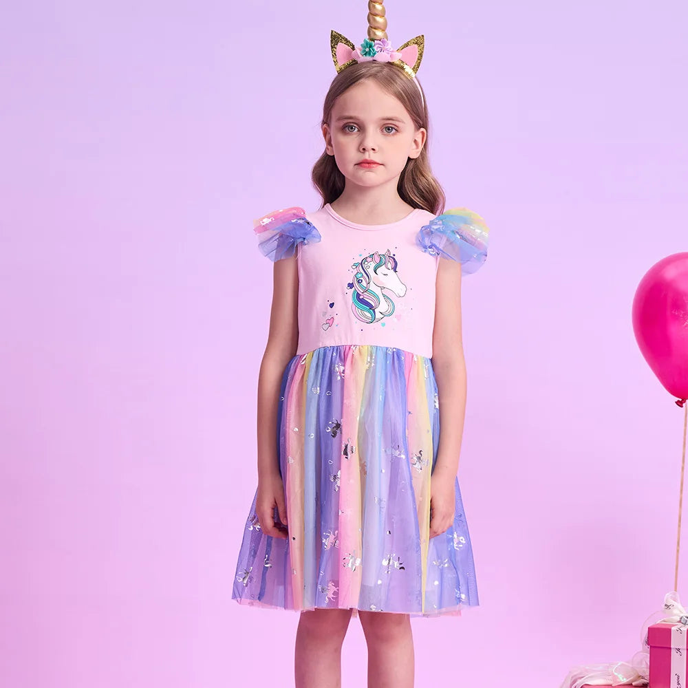 VIKITA Girls Tutu Dress Toddlers Summer Flare Sleeve Princess Dresses Girl Unicorn Cartoon Party Layered Dress Children Clothing