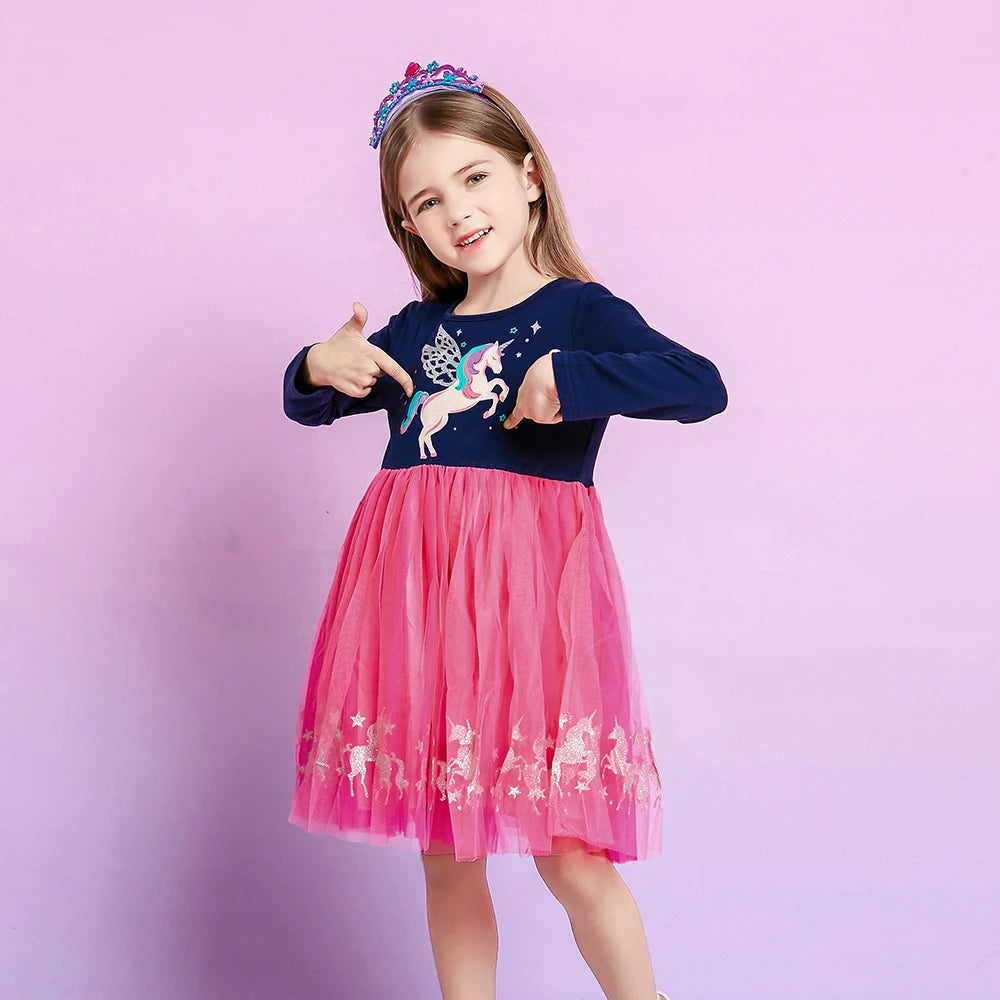 VIKITA Girls Navy Blue Pink Long Sleeve Dress Kids Sparkly Unicorn Print Tulle Mesh Fantasy Party Casual Princess Elegant Dress
