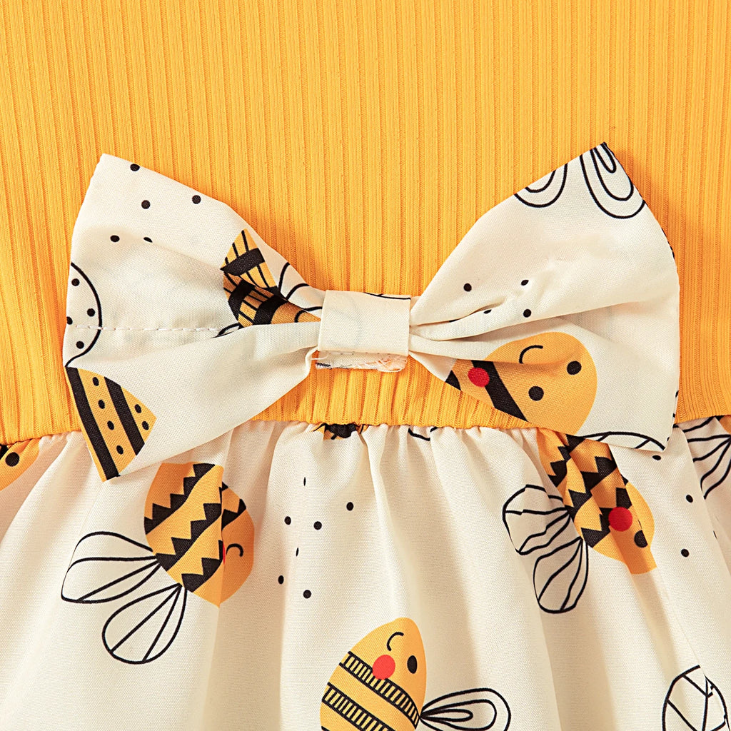 Summer New Yellow Little Fly Sleeve Baby Girl Dress, Cartoon Bee Print Children'S Sleeveless Clothes+Bow Headband (0-3 Years)