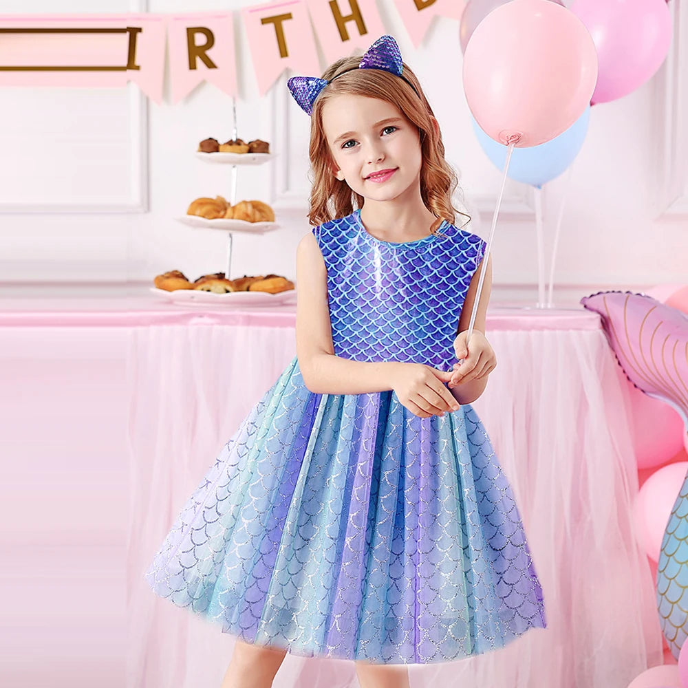 VIKITA Girls Mermaid Dress Children Princess Tutu Dress Toddlers Summer Sleeveless Dress Kids Birthday Party Casual Prom Gown
