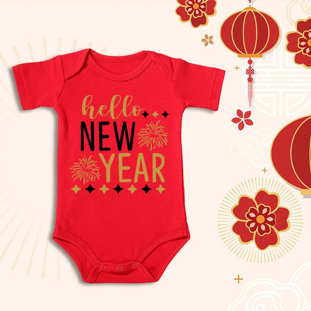 Hello 2026 New Year Print Baby Cotton Bodysuit Newborn Cotton Baby Romper Infant Short Sleeve Bodysuit 1st New Year Clothes