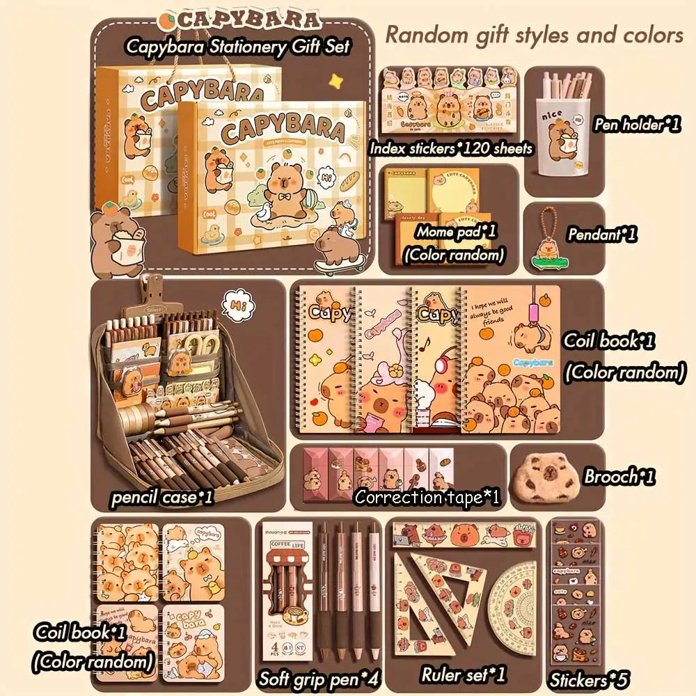 Cute Capybara Stationery Gift Set for Students, Featuring Soft Grip Pens, Notebook, Pencil Case, and Study Essentials Pack