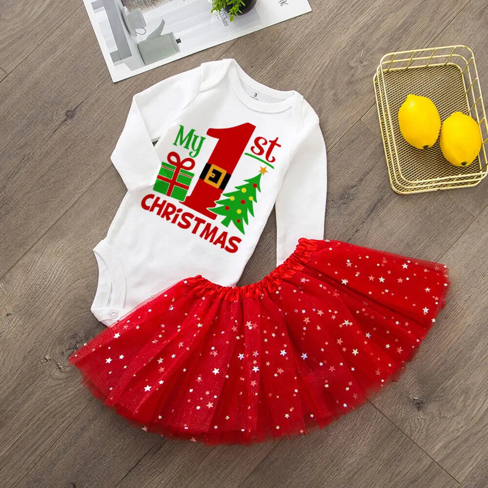 My 1St Christmas Baby Bodysuit Cake Dresses Set Infant Girls Long Sleeve Playsuit Tutu Skirts Clothes Toddler Xmas Party Outfits