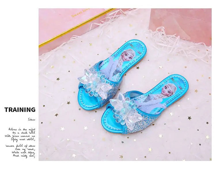 Disney Children's Sandals Frozen Slippers Fashion Elsa Princess Shoes Crystal Flowers Non-slip Blue Pink Silver Girls' Sandals