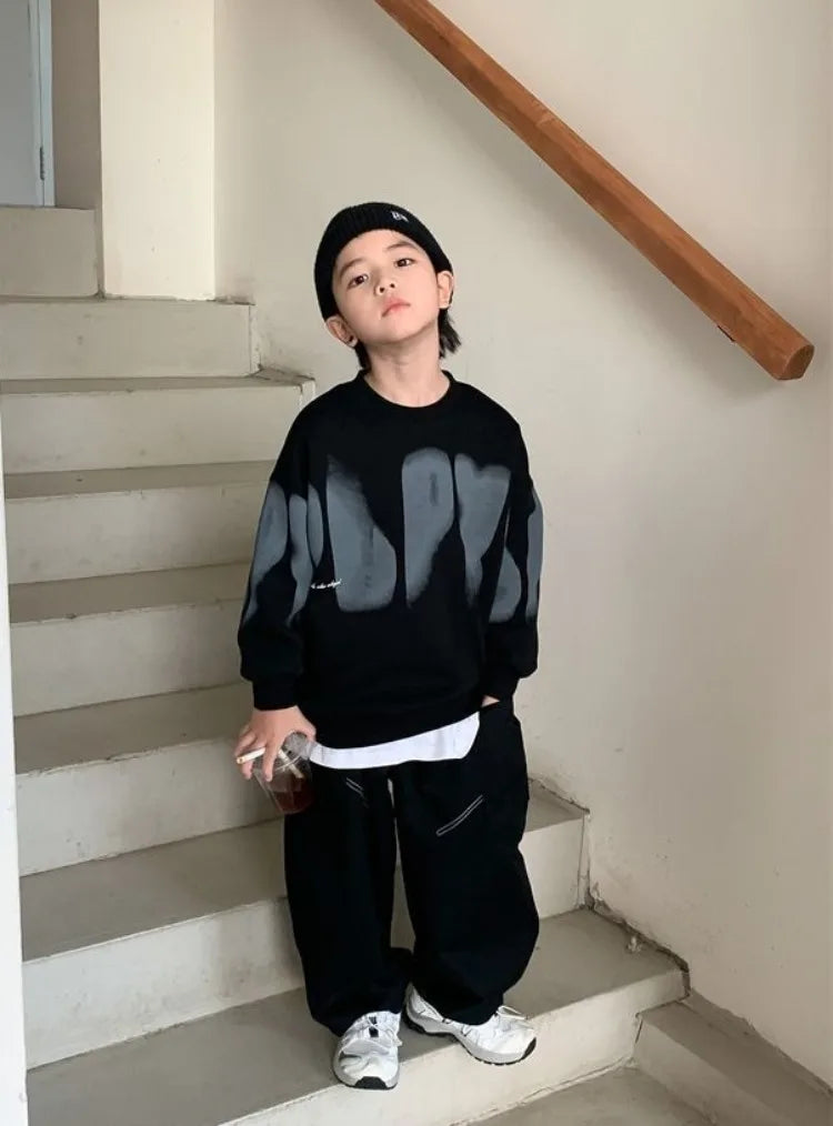 Boys' Medium To Large 2025 New Arrival No Hood Crewneck Spring/Autumn Trendy Street Style Kids Sweatshirt