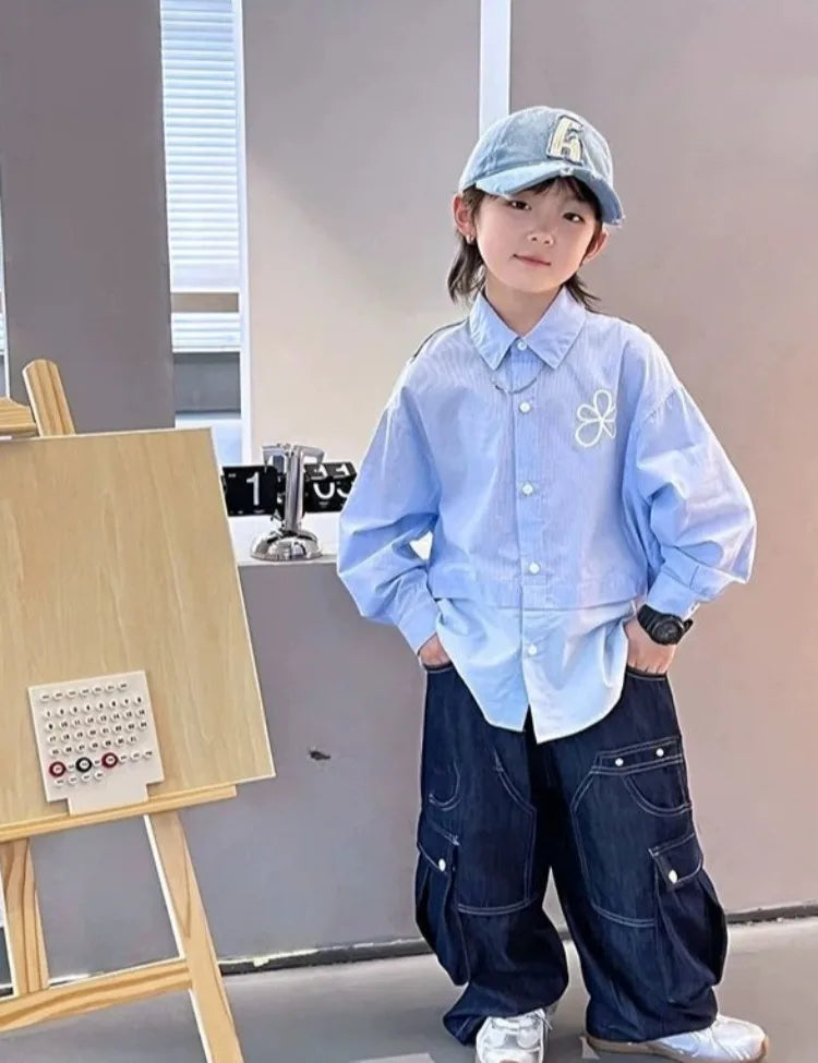 2025 New Boys' Solid Color Jeans - Loose Fit Straight Leg Kids' Long Pants with Pockets, Trendy & Stylish Denim for Active Boys