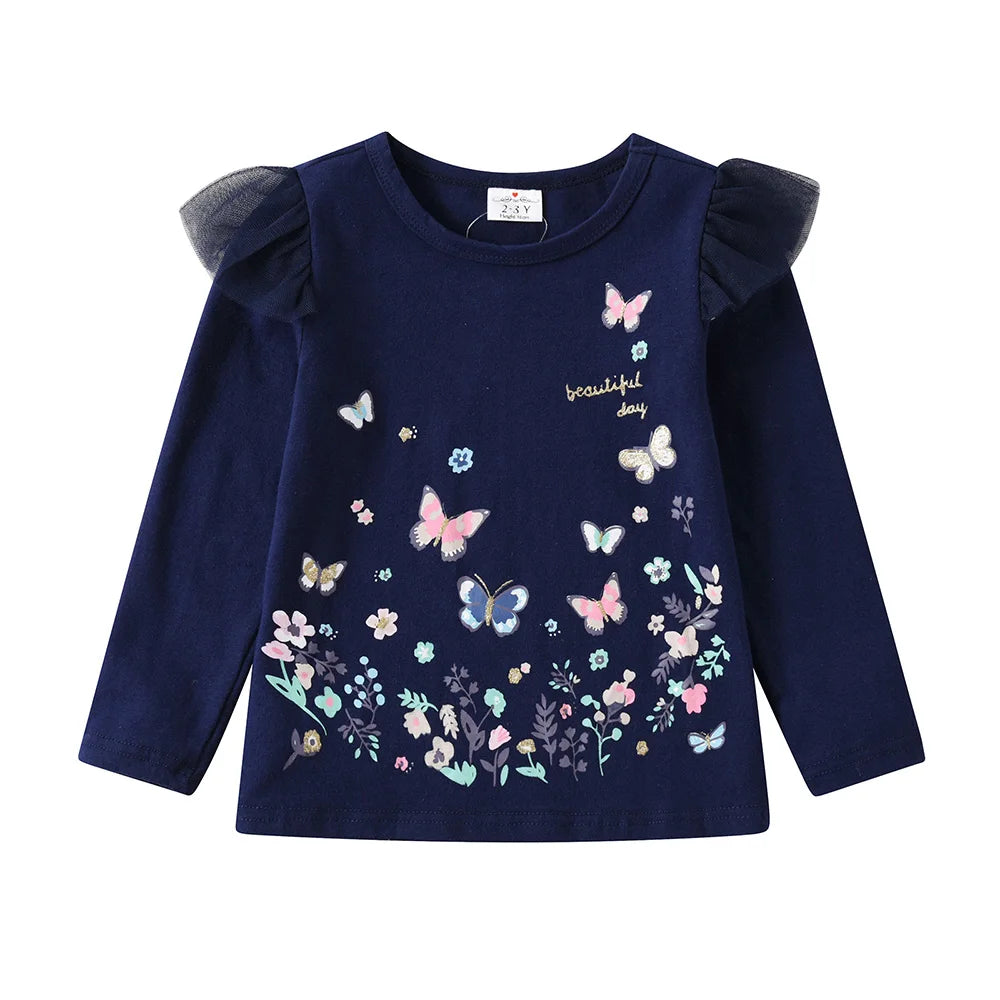 VIKITA Girls Autumn Spring Flare Sleeve T Shirt Kids Butterfly Floral Print Cartoon Tees Girls Cotton Casual Navy Blue Tops
