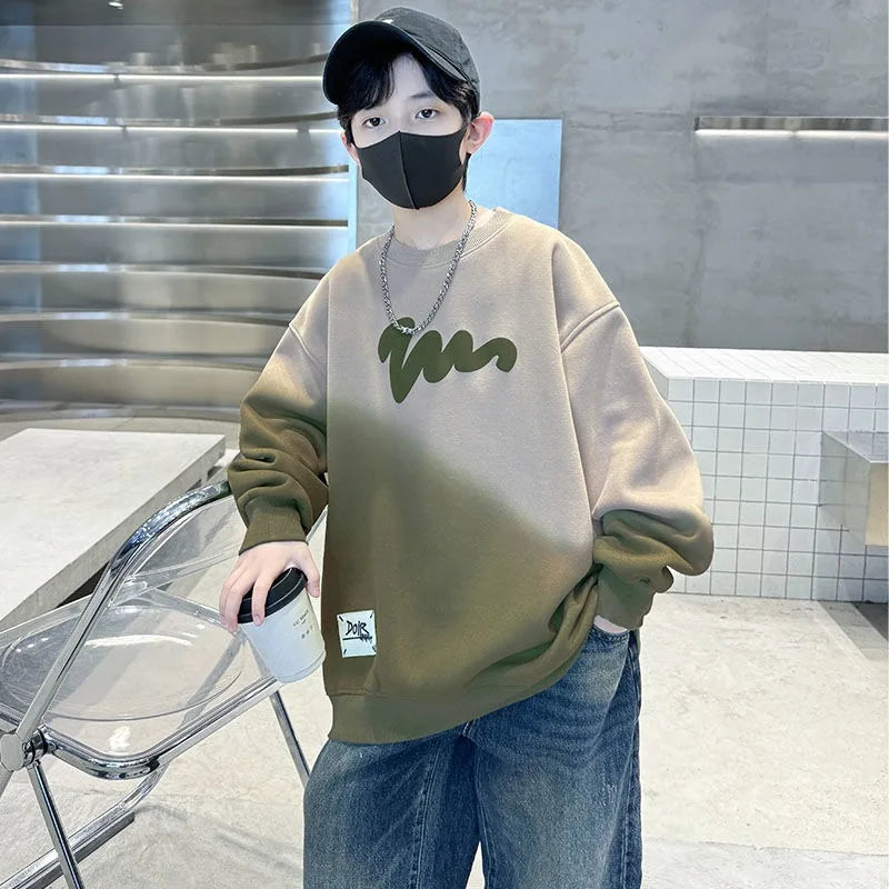 Boys' Medium-Large 2025 Autumn/Winter Trendy Fleece-Lined & Thickened Warm Loose Fit No Hood Sweatshirt