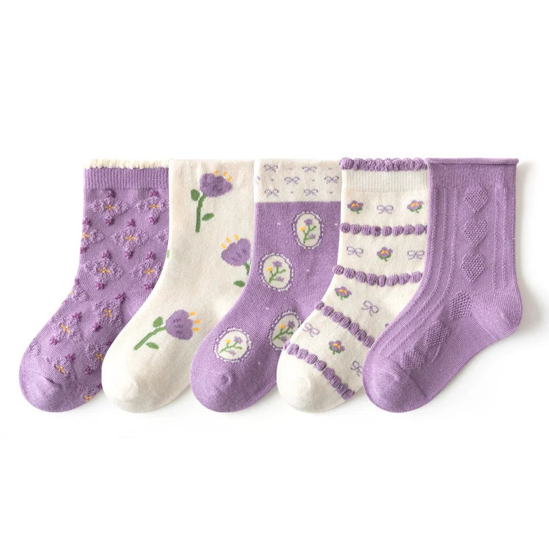 5/10 pairs/lot Kids Socks for Girls 2025 Cute Cartoon Unicorn Floral Print Children Ankle Short Breathable Cotton Toddler Sock