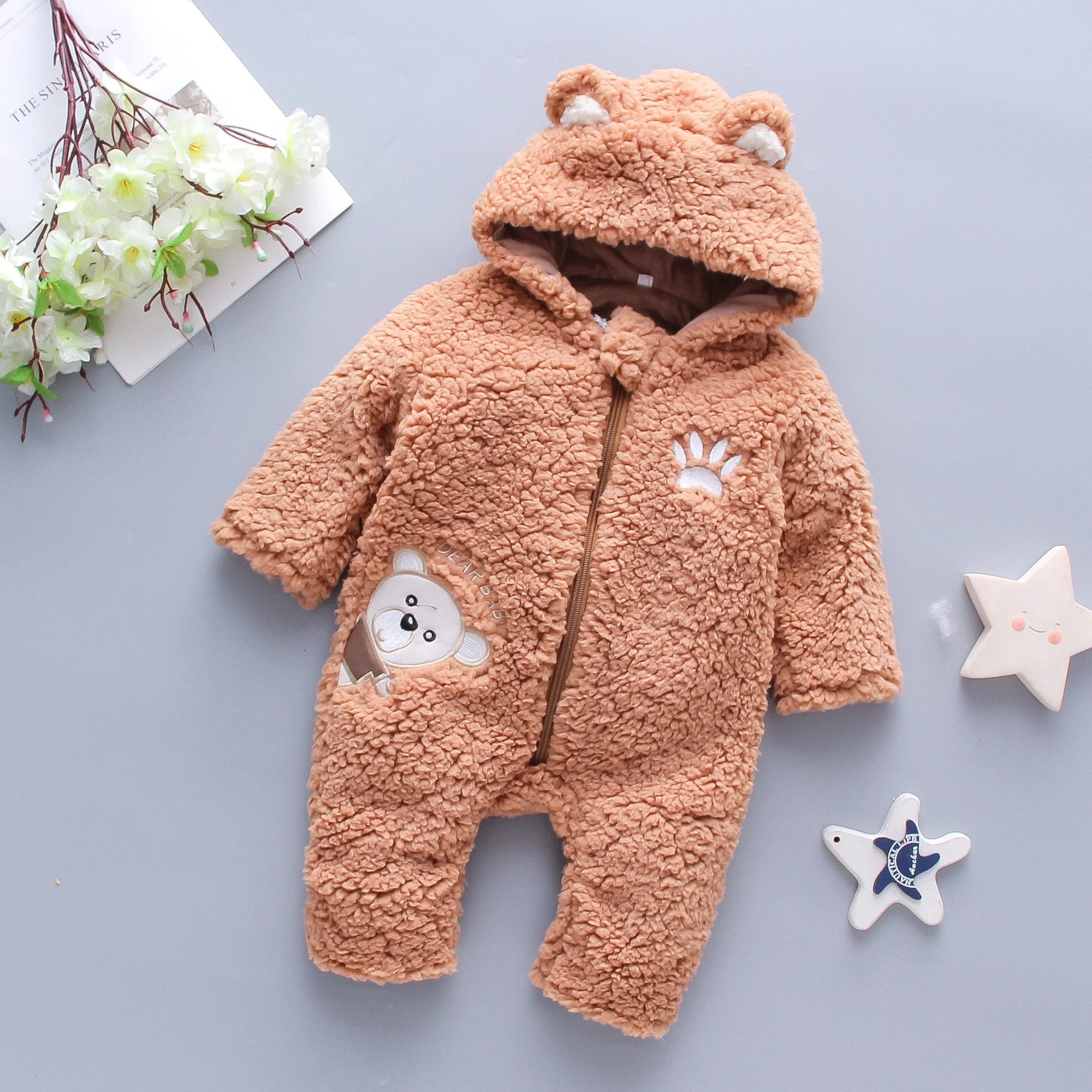 Winter New Thick And Warm Baby Boy And Girl Jumpsuit, Cartoon Teddy Bear Children'S Long Sleeved Clothes (3-18 Months)