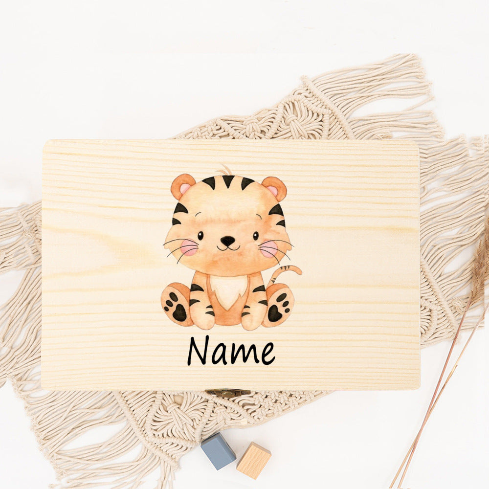 Personalized Baby Wood Box Cute Animal Print Toddler Memory Box Custom Name Infant Keepsake Box Newbron Shower Gift Kids Present