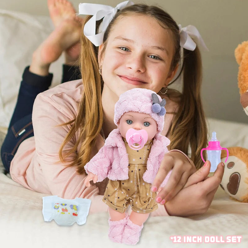 12in/30cm Reborn Doll Soft Baby Doll feeding bottle Limb Movable and Clothes Detachable Can Washed Appease Children's Toy Gift